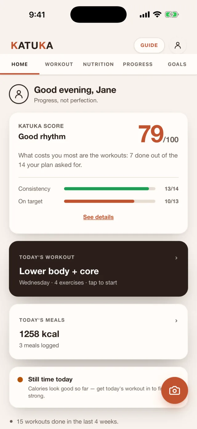 Katuka home screen: Katuka Score 79 out of 100, today's workout and today's meals