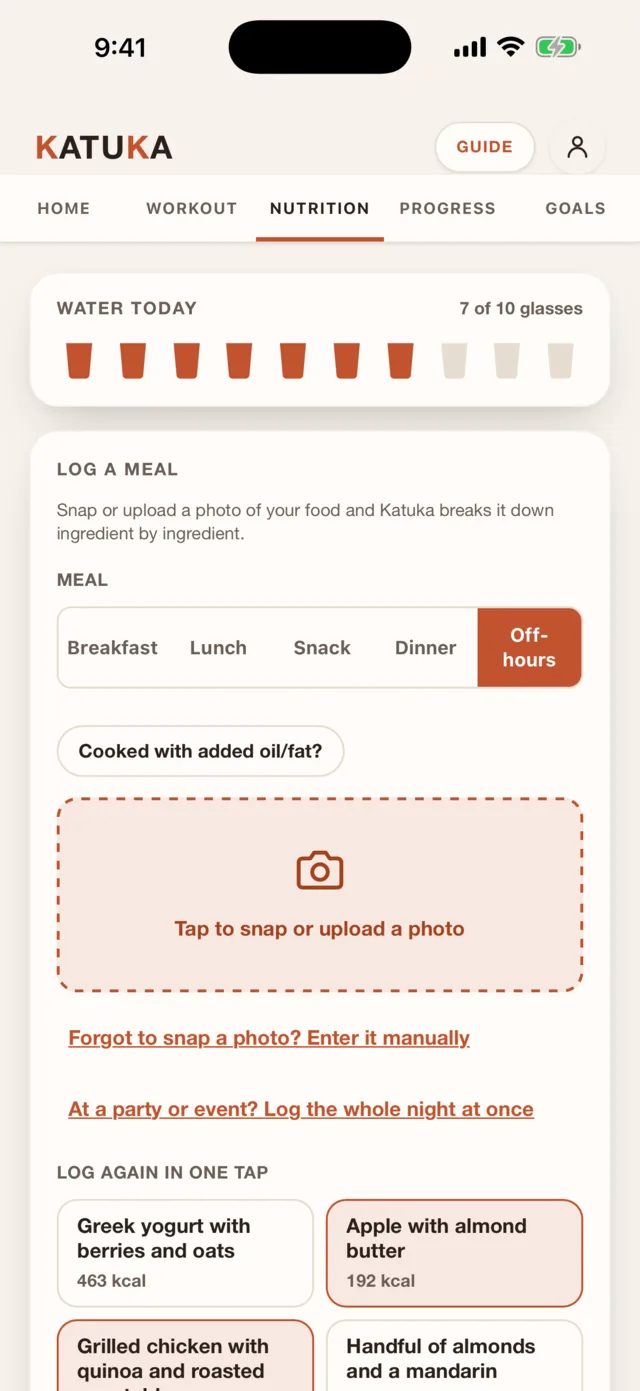 Log a meal screen: water tracker, meal type, and a button to snap or upload a photo