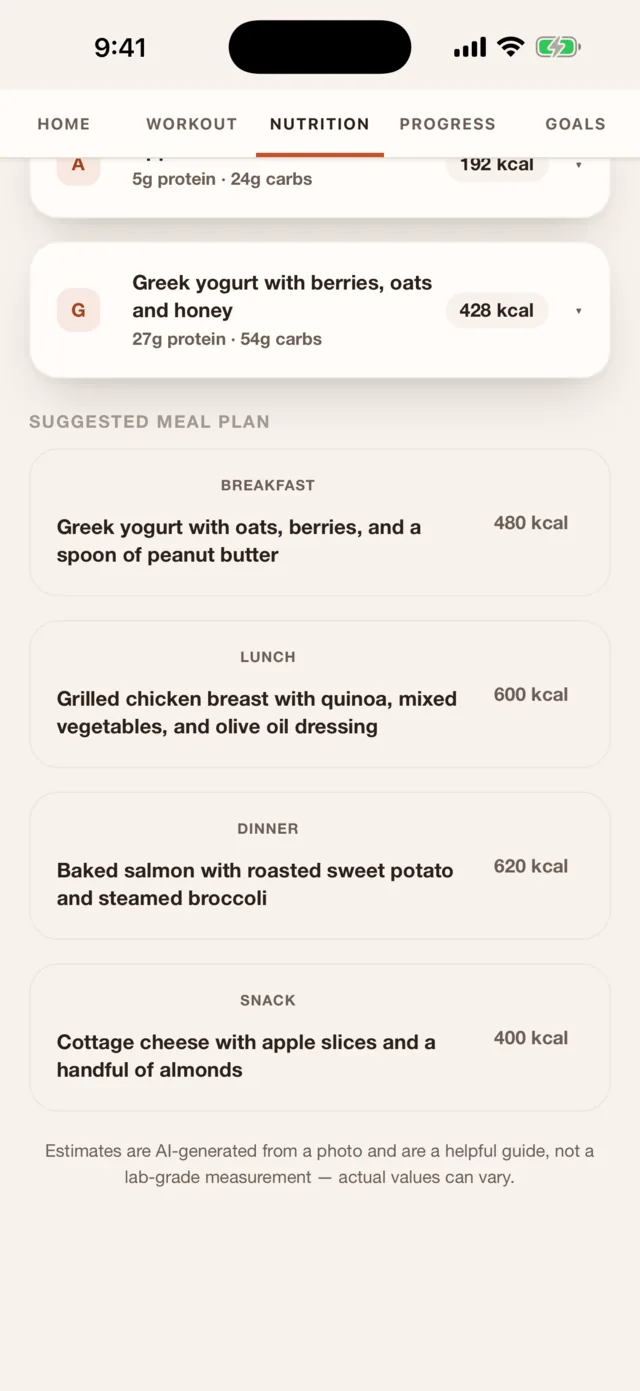 Suggested meal plan with breakfast, lunch, dinner and snack, each with its calories