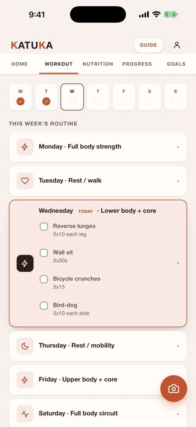 This week's training routine, day by day, with today's exercises