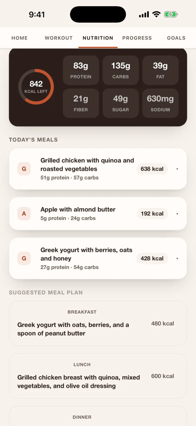 Today's nutrition: 842 kcal left, protein, carbs, fat, fiber, sugar and sodium