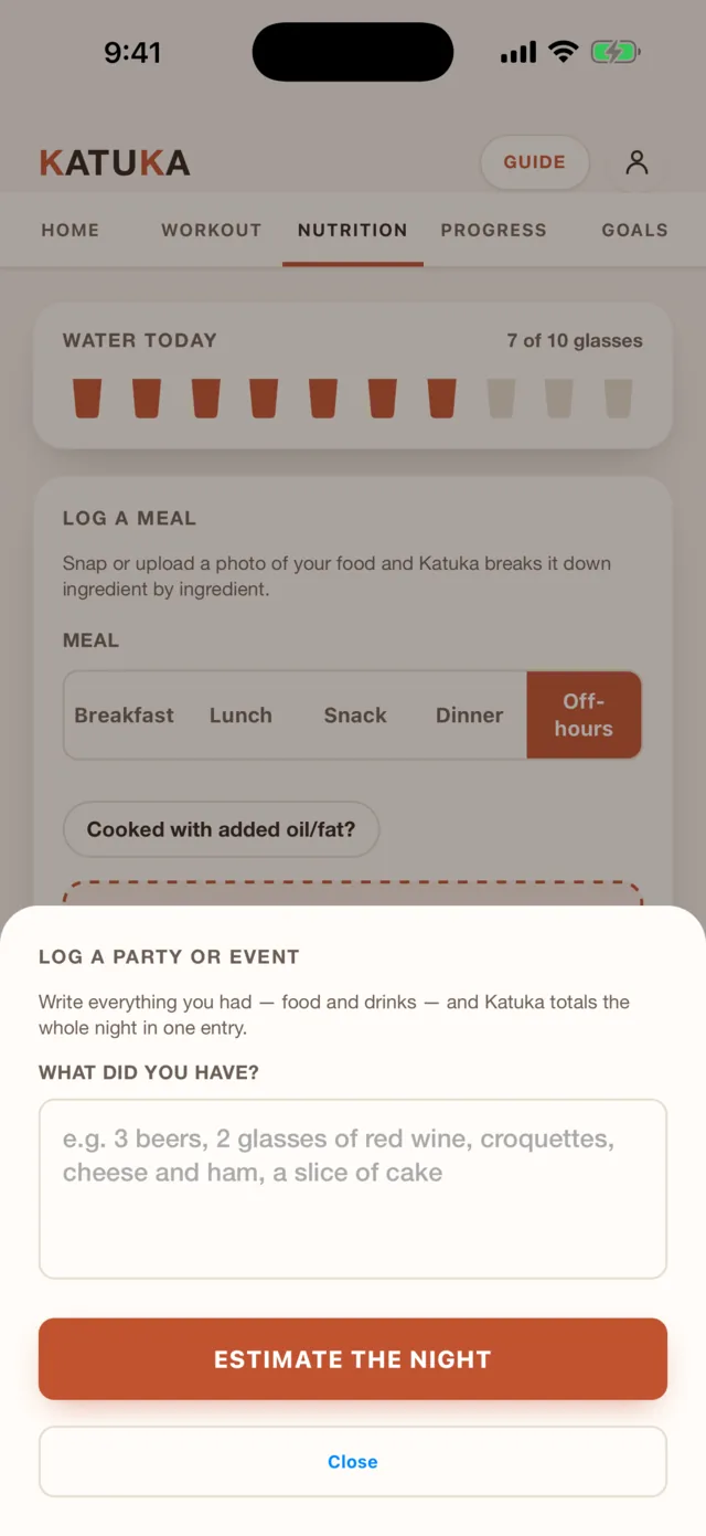 Log a party or event: write everything you had and Katuka totals the whole night